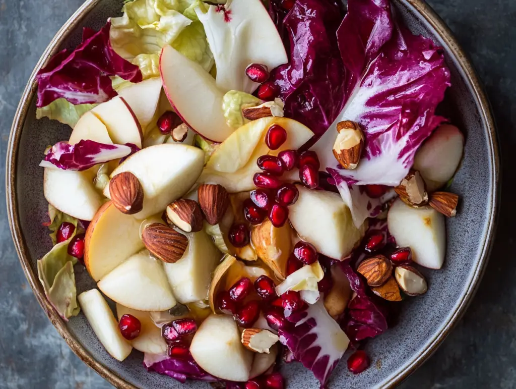 This radicchio salad with apples, pomegranate, and hazelnuts is a deliciously crisp and colorful dish that’s perfect for winter gatherings!