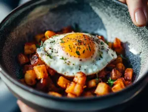 This savory hash and egg combo is the perfect meal any time of day! Crispy potatoes, veggies, and a fried egg make this dish hearty and satisfying.

