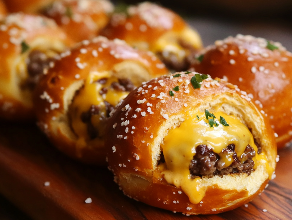 "Make these cheeseburger pretzel bombs—soft pretzel dough stuffed with juicy beef and cheese for the ultimate snack or appetizer."