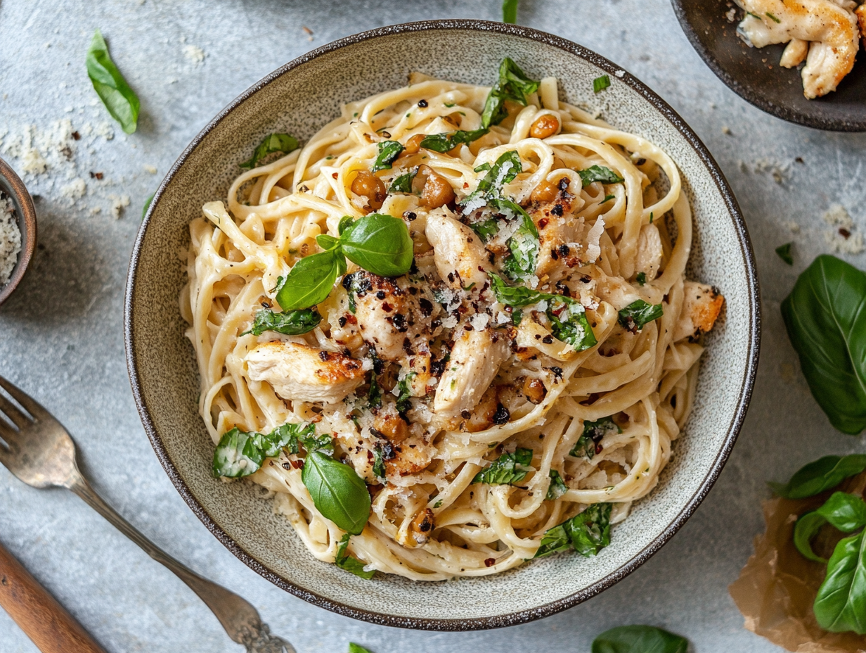 Make a delicious Chicken Alfredo Pasta in just 30 minutes! Loaded with tender chicken, creamy sauce, and fettuccine noodles for a satisfying meal.