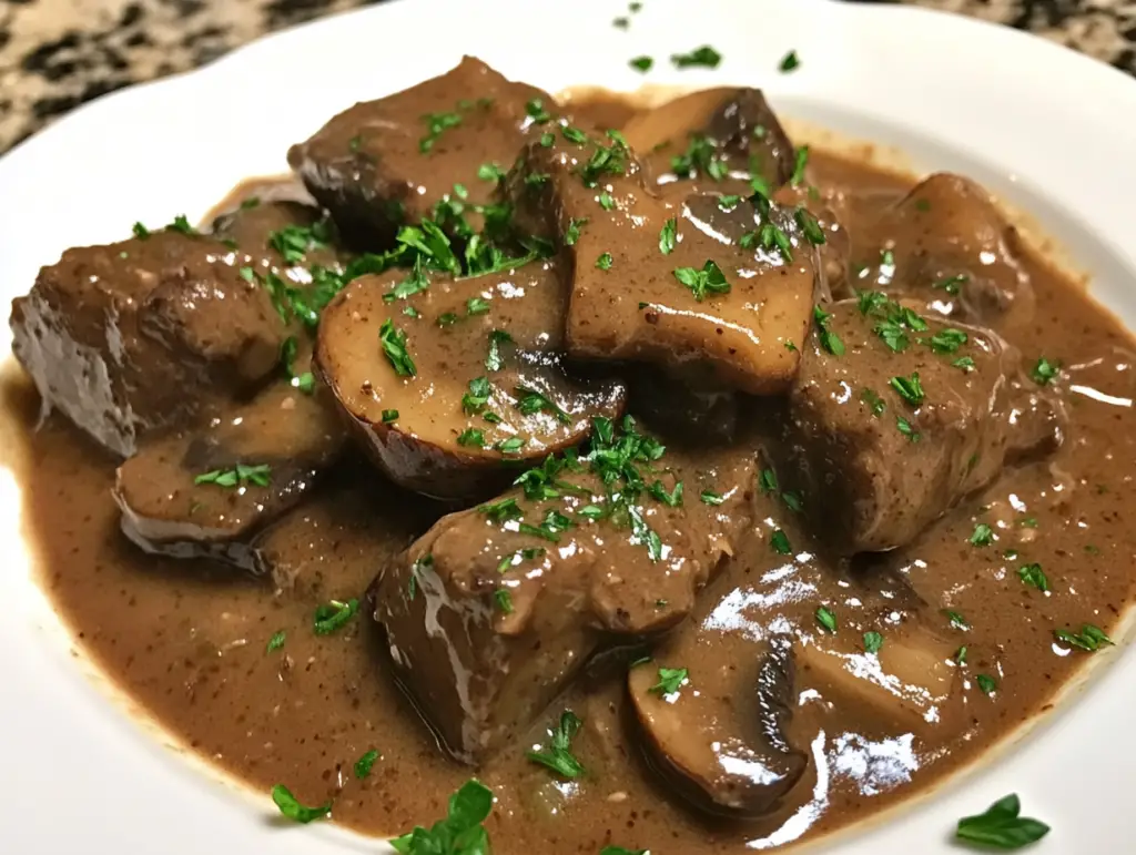 Enjoy this classic French beef stew with mushrooms, slow-cooked to tender perfection in a rich, savory sauce. A comforting and hearty meal.