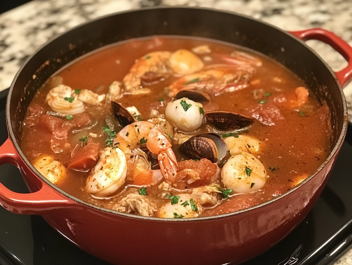 "Warm up with this classic French seafood soup, a rich and flavorful Bouillabaisse loaded with fresh fish, shellfish, and aromatic herbs."