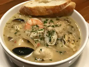 "Warm up with this classic French seafood soup, a rich and flavorful Bouillabaisse loaded with fresh fish, shellfish, and aromatic herbs."

