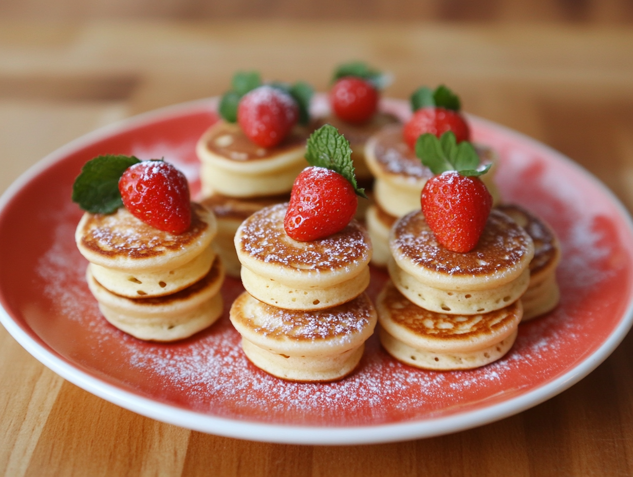 These mini pancakes are a fun, bite-sized twist on the classic! Perfect for stacking, dipping, or topping with your favorites for a delicious treat.