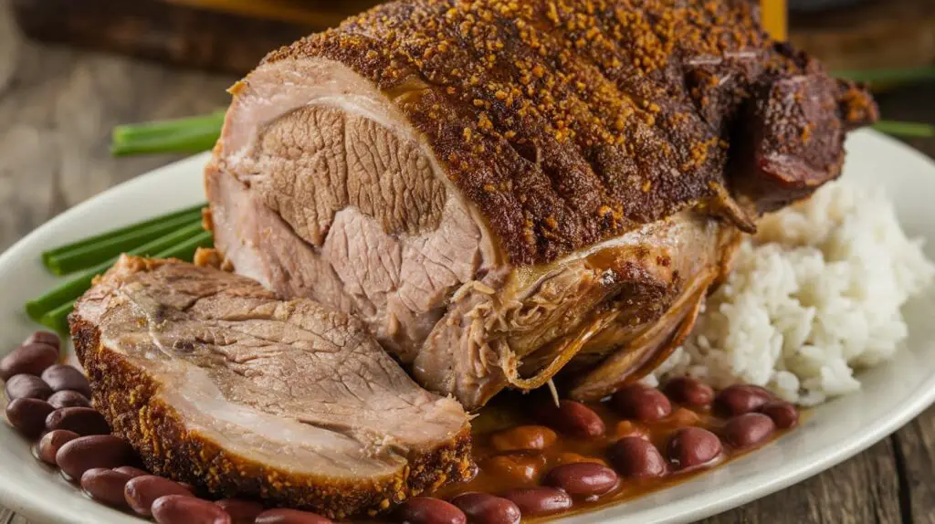 Slow-roasted Puerto Rican Pernil with crispy skin served with arroz con gandules