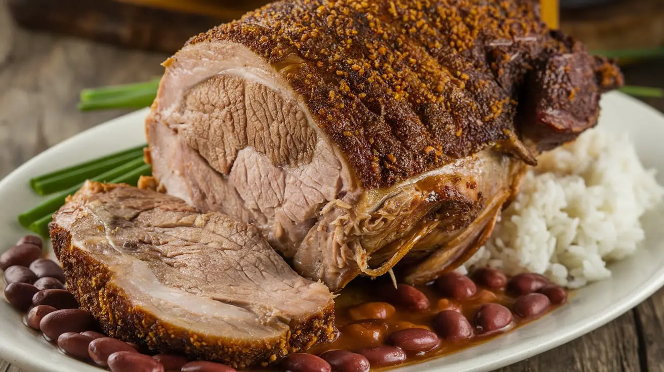 Slow-roasted Puerto Rican Pernil with crispy skin served with arroz con gandules