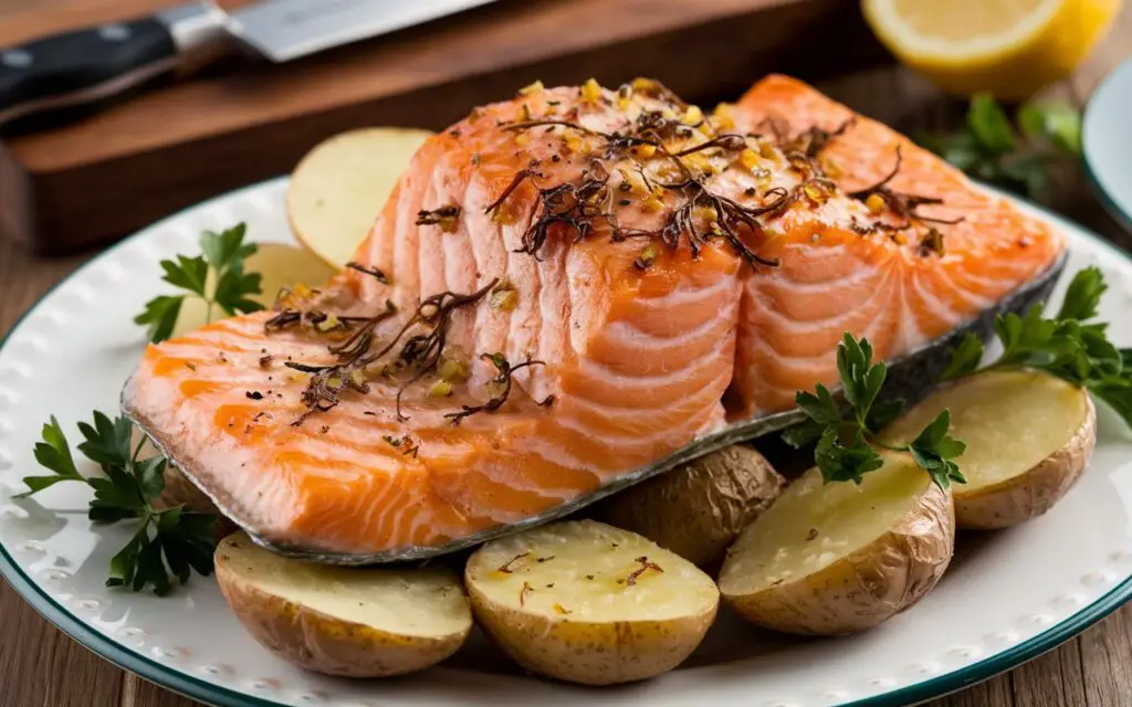 Garlic Butter-Roasted Salmon with Potatoes