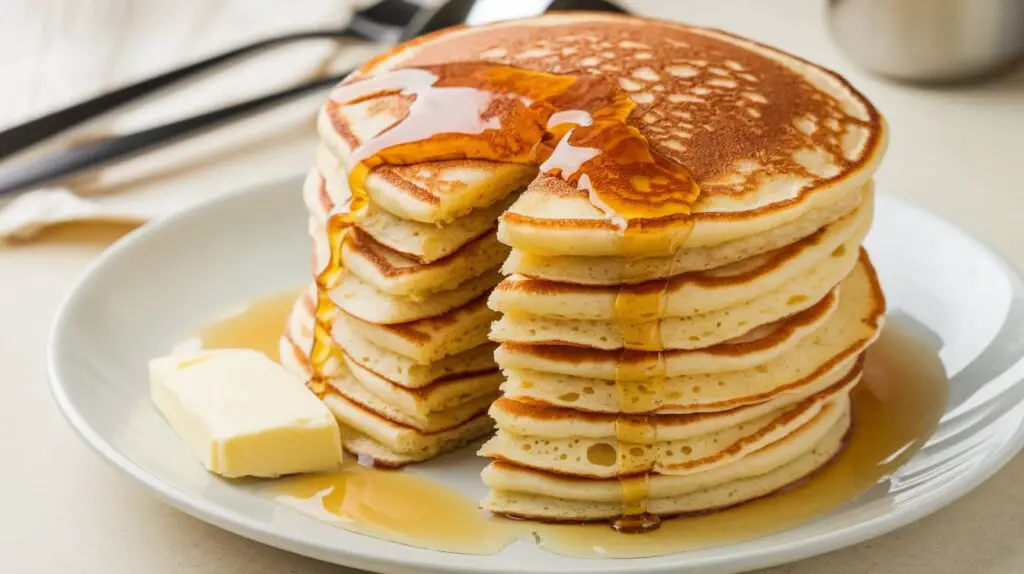 Fluffy pancakes stacked on a plate with syrup and fresh berries