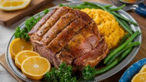 Slow-roasted Puerto Rican Pernil with crispy skin served with arroz con gandules