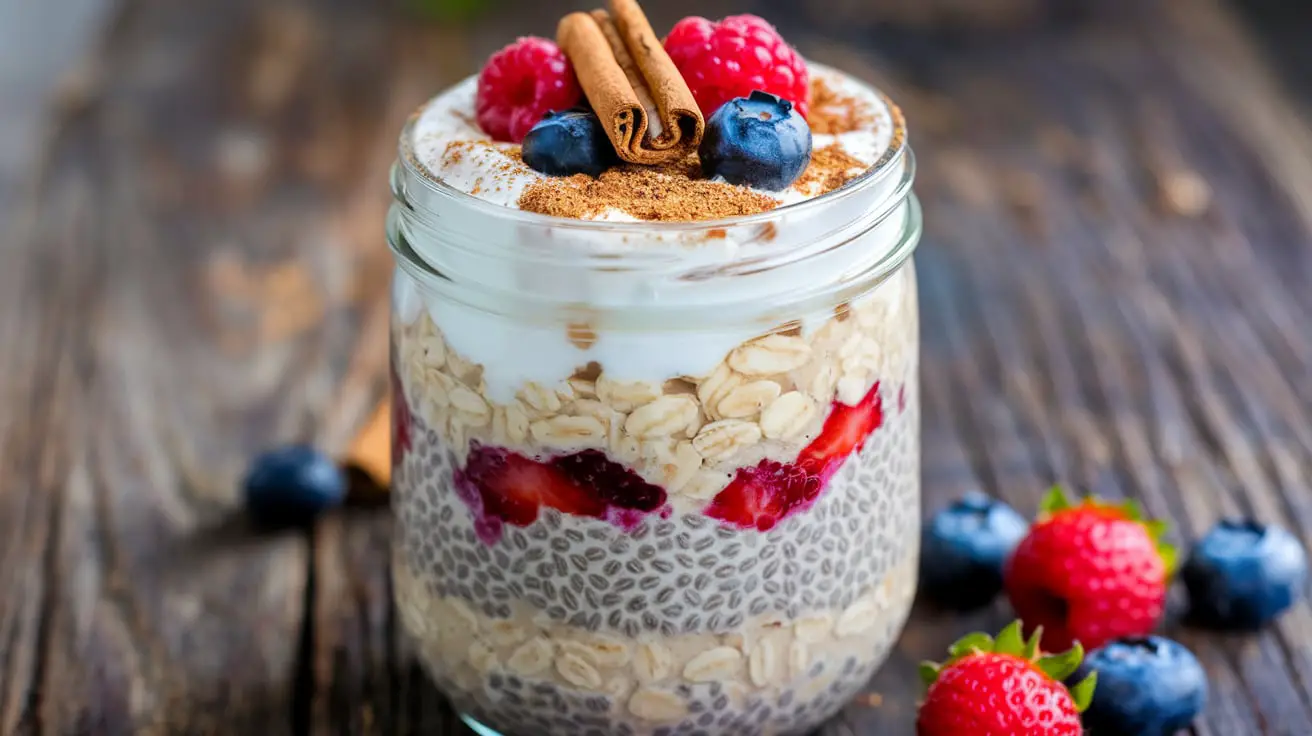 Overnight oats in a jar with fruit and toppings, a healthy and easy breakfast option.