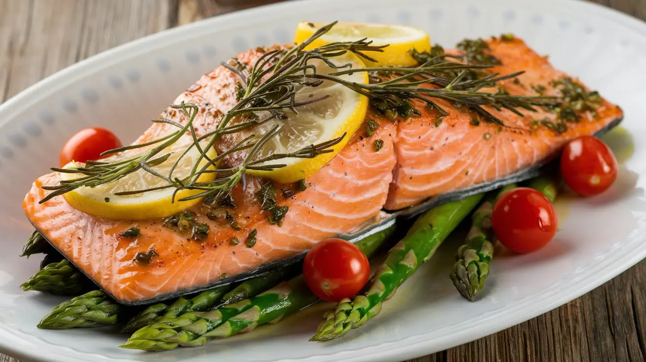 Baked salmon with lemon and herbs on a baking tray, ready to serve