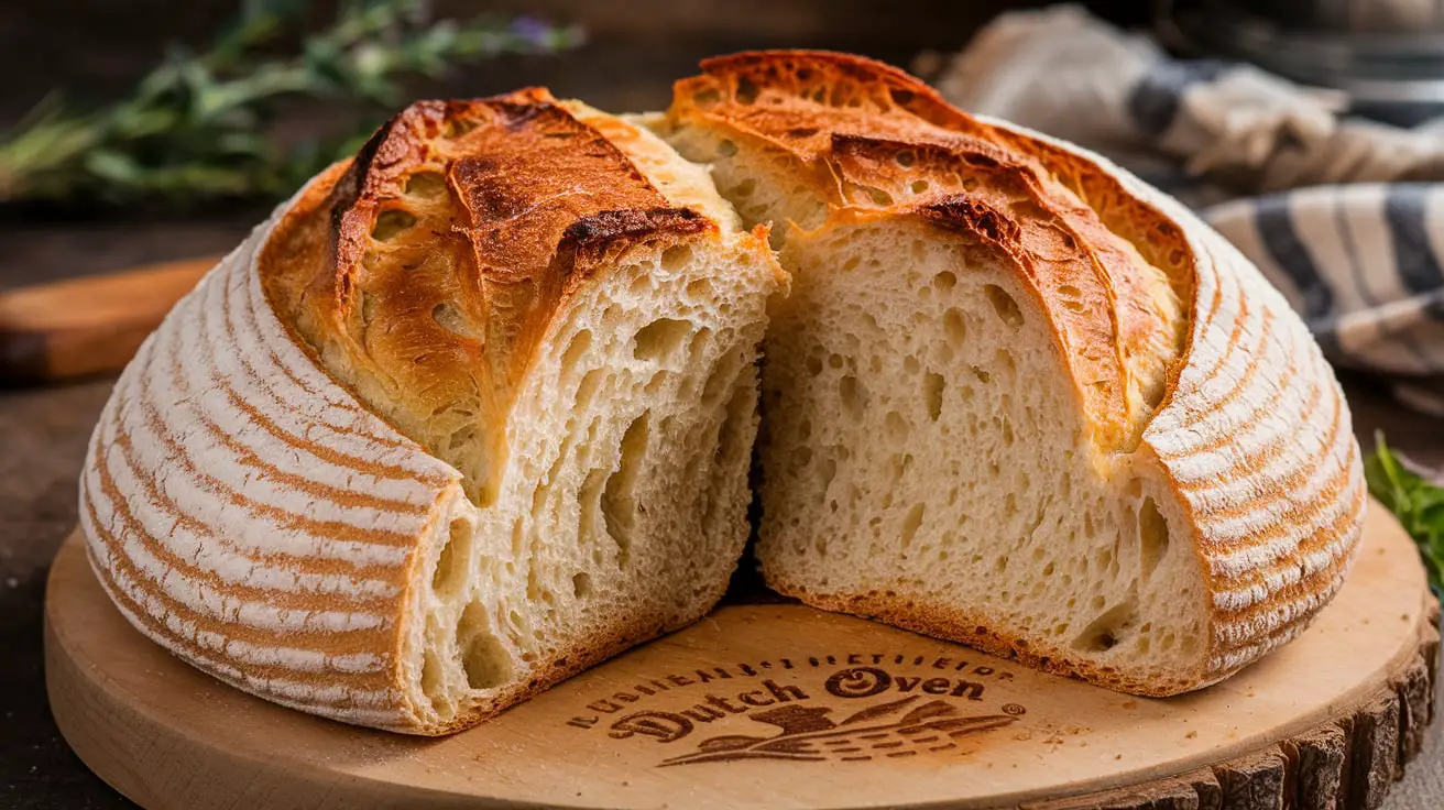 Golden crusty Dutch oven bread cooling on a wire rack