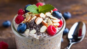 Overnight oats in a jar with fruit and toppings, a healthy and easy breakfast option. 