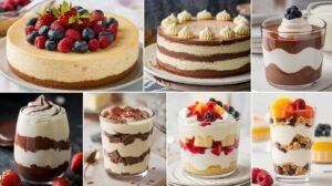 No-bake desserts including cheesecake, bars, and frozen pies on a rustic table. Perfect for easy, no-bake treats.

