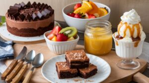 A variety of easy desserts like no-bake cheesecake, chocolate mousse, and fruit tarts displayed on a table, perfect for any occasion. 