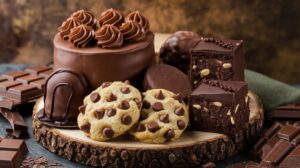 A variety of homemade chocolate desserts including cake, cookies, and mousse displayed on a wooden table.