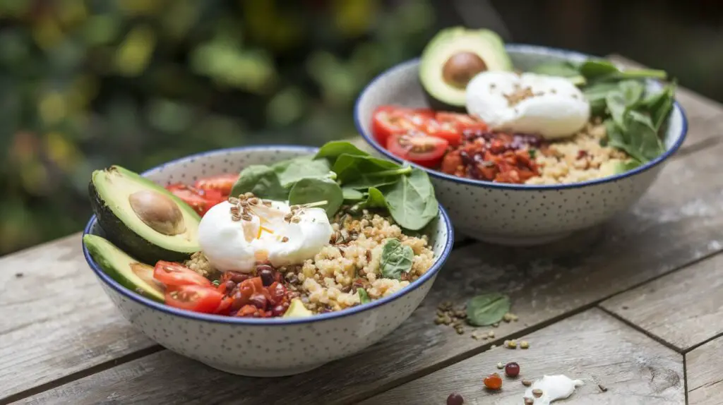 A variety of colorful breakfast bowls with healthy ingredients like eggs, avocado, grains, and vegetables for a nutritious start to the day.