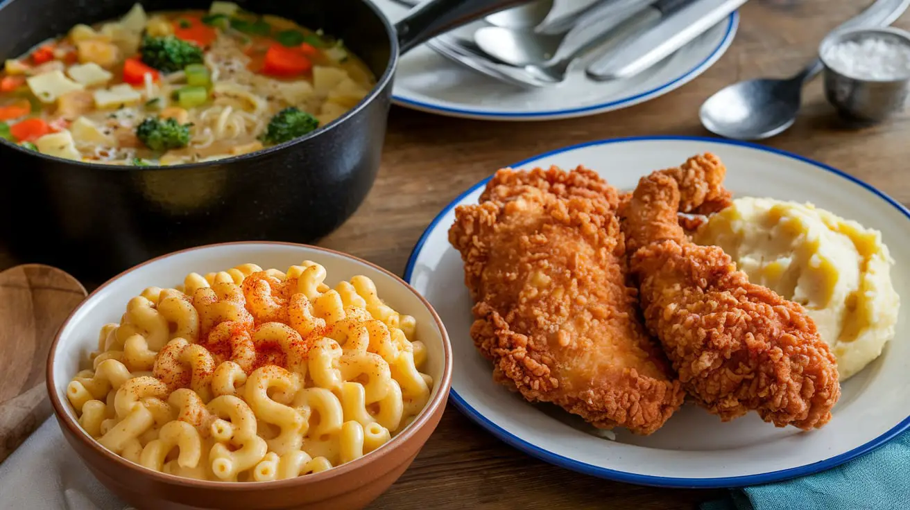 A variety of comforting food dishes like mac and cheese, fried chicken, and vegetable stew perfect for cozy meals.