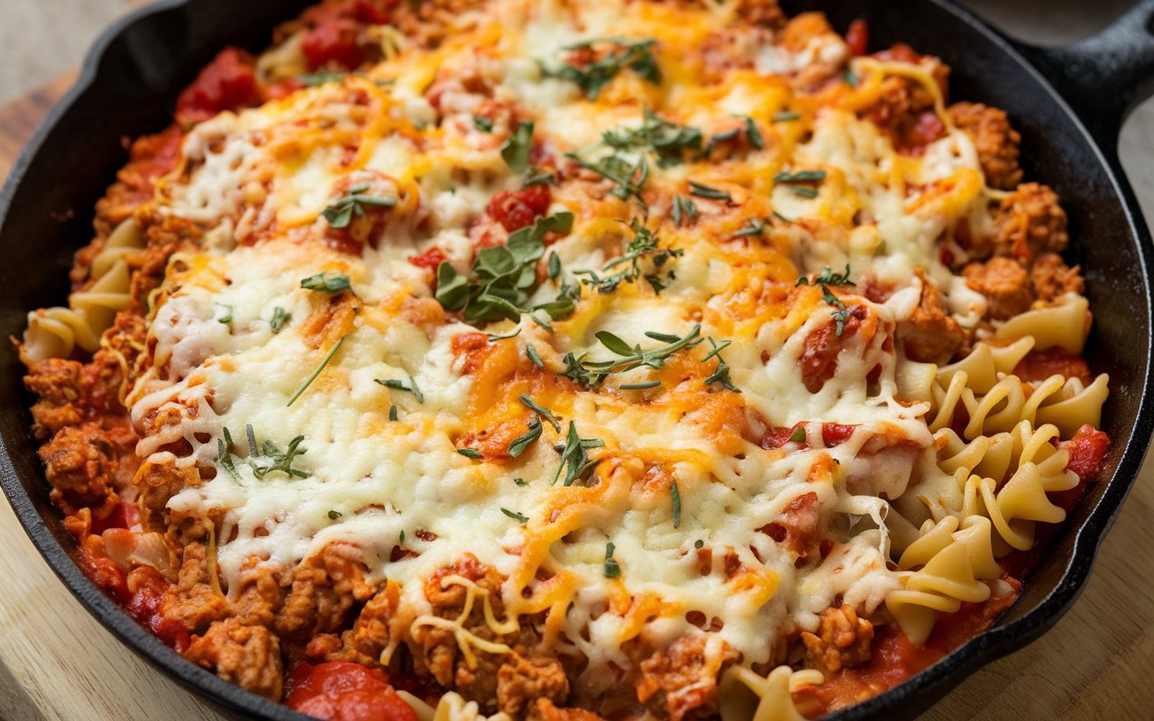 One-Skillet Cheesy Ground Chicken Pasta