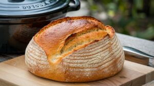 Golden crusty Dutch oven bread cooling on a wire rack