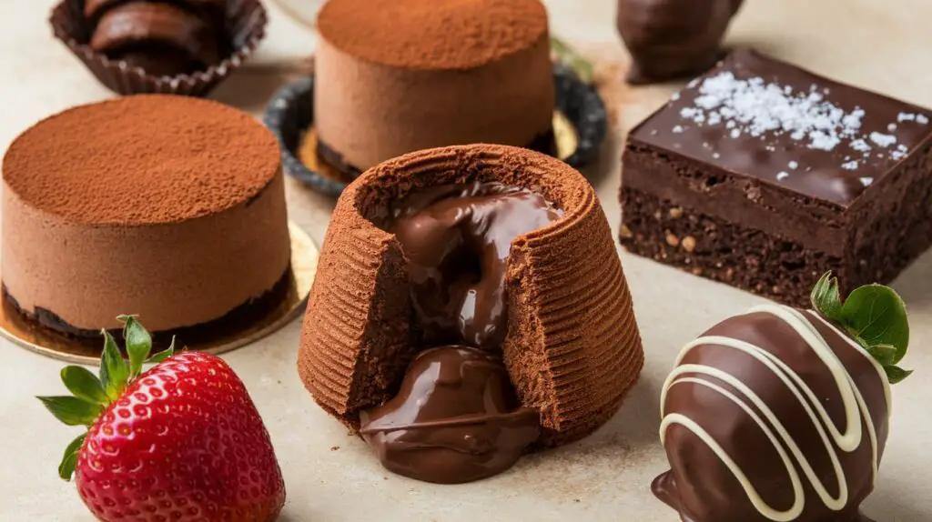 A variety of homemade chocolate desserts including cake, cookies, and mousse displayed on a wooden table.