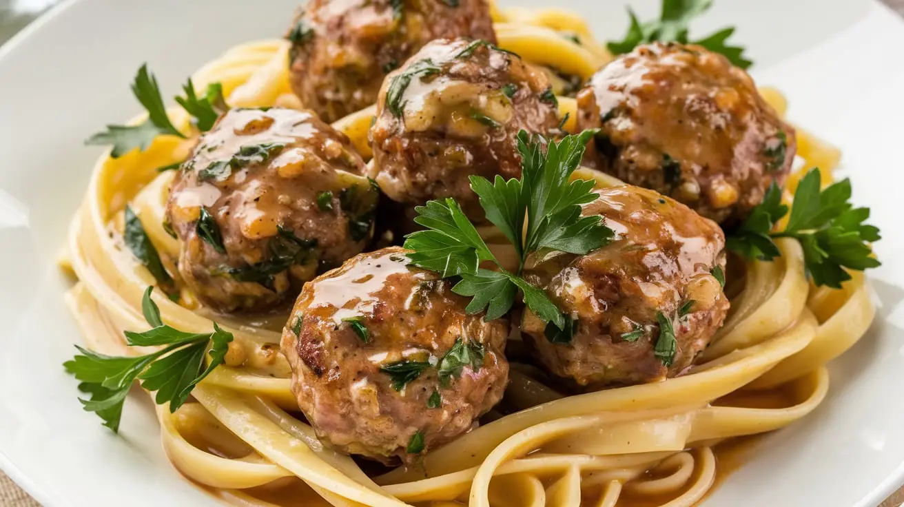 Garlic Butter Meatballs with Linguine served in a white bowl, garnished with parsley and Parmesan.