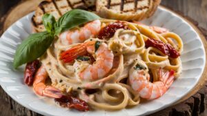 "A plate of creamy Tuscan shrimp linguine with fresh spinach and sun-dried tomatoes, garnished with Parmesan cheese and herbs."
