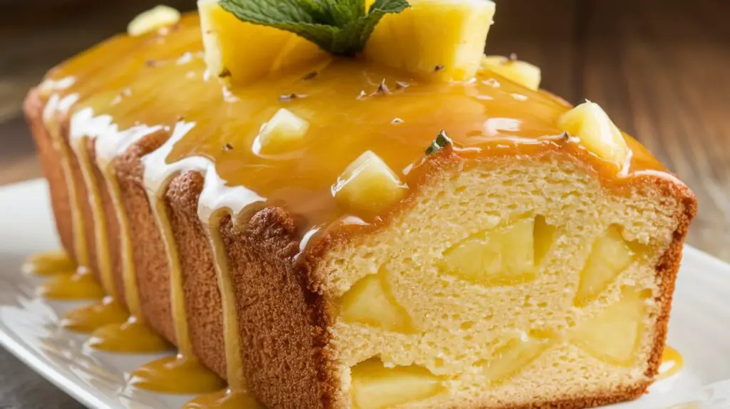 "A freshly baked Pineapple Paradise Loaf Cake with golden edges, topped with a dusting of powdered sugar and garnished with pineapple slices."