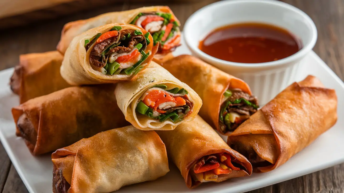 "Golden and crispy homemade egg rolls served with dipping sauces."