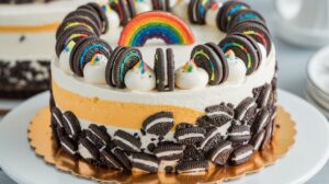 "A vibrant Rainbow Oreo Cheesecake Cake with colorful layers, topped with whipped cream and sprinkles, set on a white plate."

