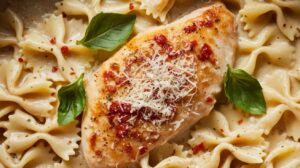 Creamy Italian chicken pasta with tender chicken, creamy sauce, and fettuccine pasta served in a bowl

