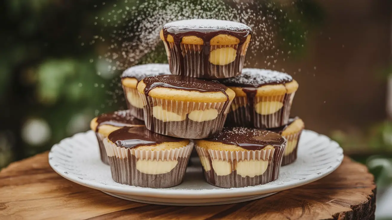 Boston Cream Pie Cupcakes topped with rich chocolate ganache and filled with smooth pastry cream, perfect for a sweet treat.