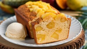 "A freshly baked Pineapple Paradise Loaf Cake with golden edges, topped with a dusting of powdered sugar and garnished with pineapple slices."

