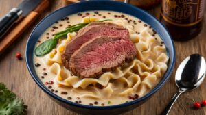 A bowl of Creamy Beef Noodles Delight featuring tender beef strips, egg noodles, and a rich creamy sauce, garnished with parsley.

