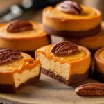 Close-up of golden-brown sweet potato cheesecake cookies with creamy centers on a baking tray.