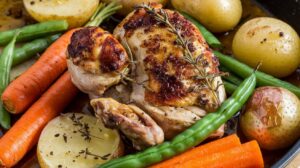 "Colorful assortment of one-pan dinners featuring roasted chicken, vegetables, and pasta, served in a skillet."

