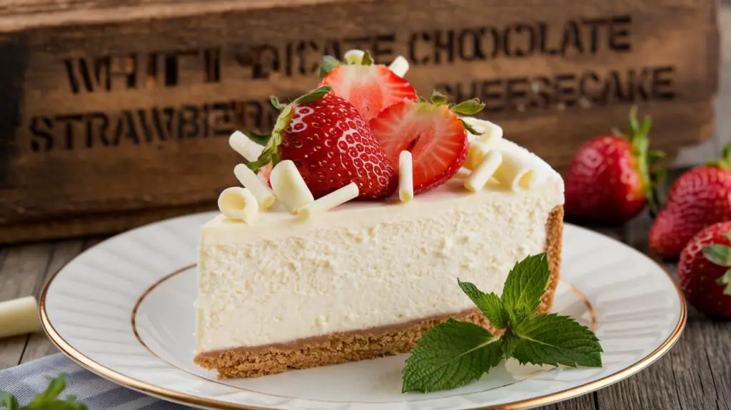 White chocolate strawberry cheesecake on a plate garnished with fresh strawberries and white chocolate curls.