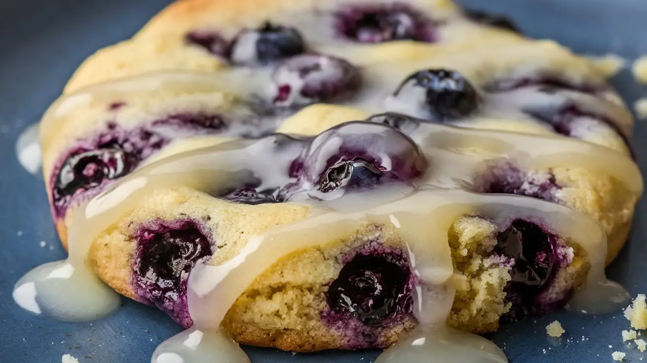 "Freshly baked blueberry lemon cookies on a cooling rack with golden edges and vibrant blueberries"