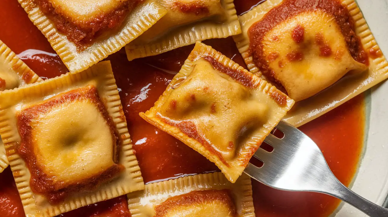 Crispy air fryer ravioli bites served with marinara sauce, ready for dipping.