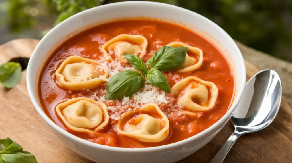 "A steaming bowl of cheesy tomato tortellini soup garnished with fresh basil and grated Parmesan cheese."