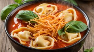 "A steaming bowl of cheesy tomato tortellini soup garnished with fresh basil and grated Parmesan cheese."
