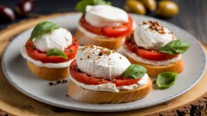 "Close-up of crispy crostini topped with creamy burrata, fresh basil, cherry tomatoes, and a drizzle of balsamic glaze."

