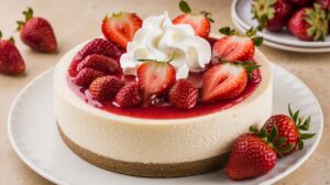 White chocolate strawberry cheesecake on a plate garnished with fresh strawberries and white chocolate curls.
