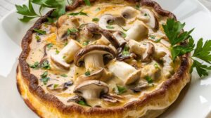 A plate of creamy mushrooms in a rich sauce, topped with fresh herbs and served with pasta, showcasing the ultimate creamy mushroom delight.

