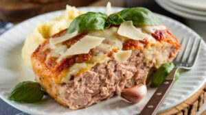 "Garlic Parmesan Chicken Meatloaf garnished with fresh parsley on a wooden serving board" 