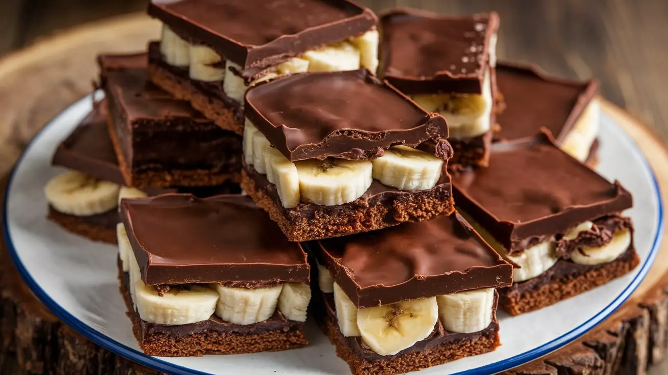 "Decadent chocolate-covered banana brownies sliced on a wooden board with glossy chocolate coating and banana slices on the side."