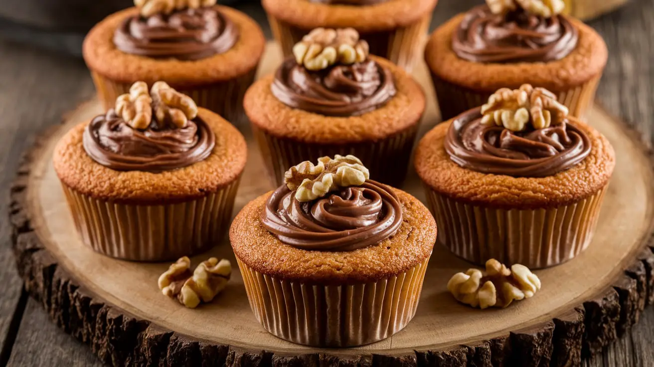 Nutella swirl banana muffins fresh out of the oven with a rich chocolate-hazelnut swirl on top.