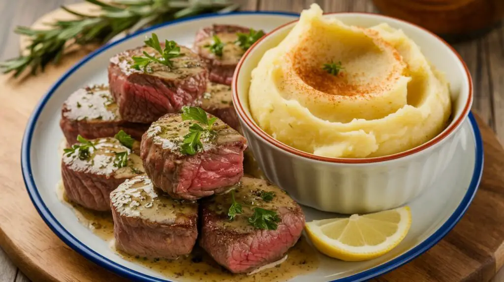 "Tender garlic butter steak bites in a skillet garnished with fresh parsley."