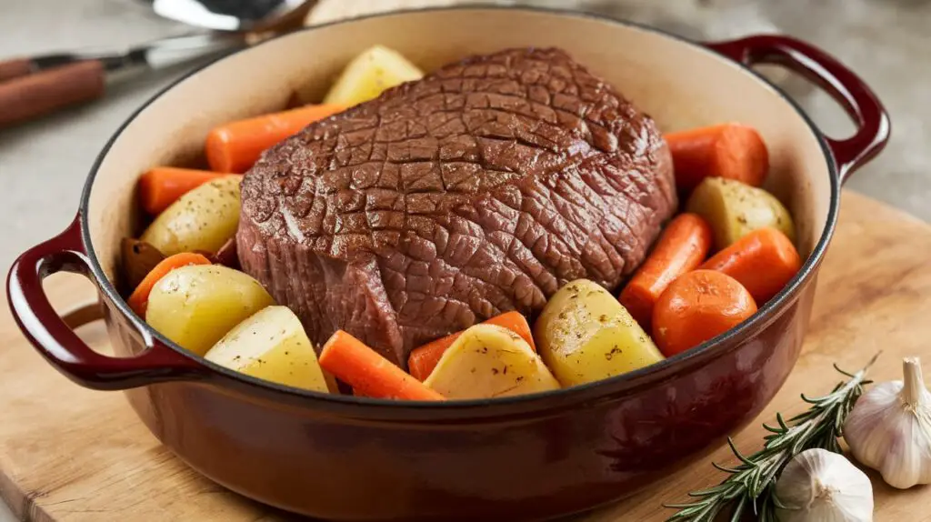 Dutch oven pot roast with tender beef, carrots, potatoes, and gravy served in a rustic cast iron pot.