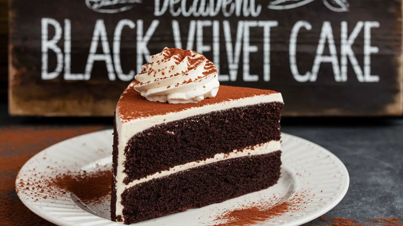 "A rich slice of decadent Black Velvet Cake with smooth cream cheese frosting on a white plate."